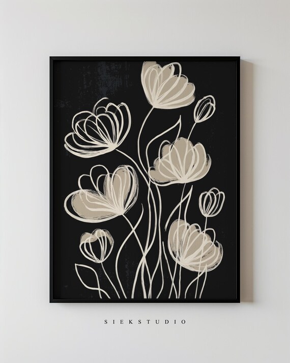 Beige Line Floral Sketch Black Modern Botanical Wall Art Gift