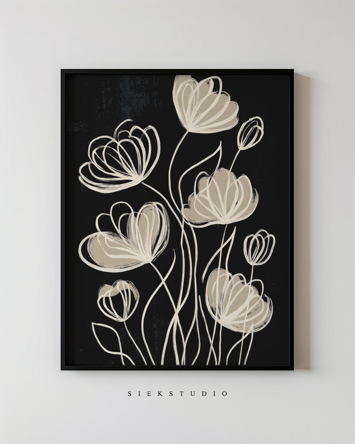 Beige Line Floral Sketch Black Modern Botanical Wall Art Gift