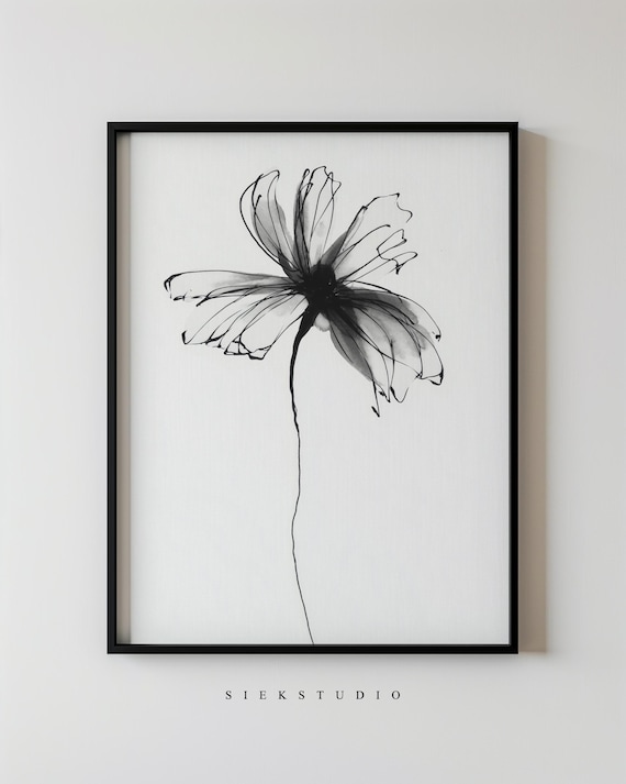 Black Ink Flower Line Drawing Minimalist Botanical Sketch Wall Art