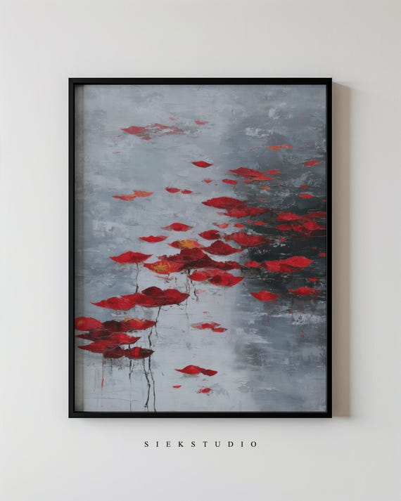 Modern Water Red Lily Pond Painting Abstract Minimalist Landscape Contemporary Home Nature Inspired Artwork Decor 201