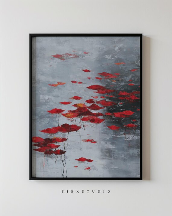 Red Water Lily Pond Abstract Gray Minimalist Floral Art Poster
