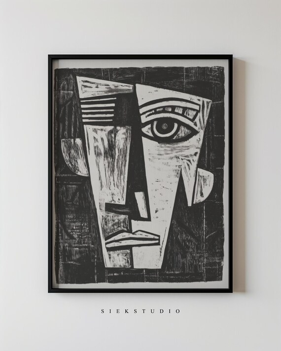 Black And White Cubist Face Abstract Woodcut Style Art Poster