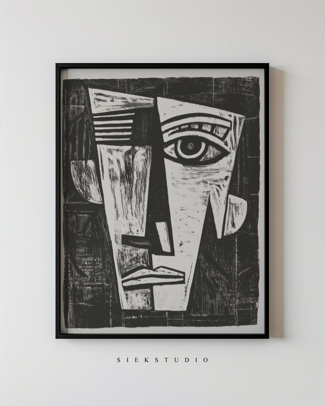 Black And White Cubist Face Abstract Woodcut Style Art Poster