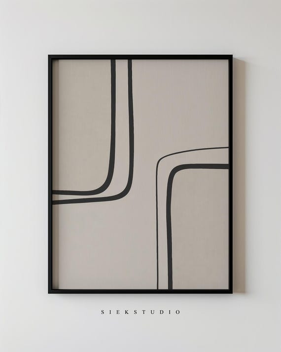 Minimalist Abstract Line Drawing Black On Beige Wall Modern Geometric Neutral Artwork Contemporary Decor For Living Room 63