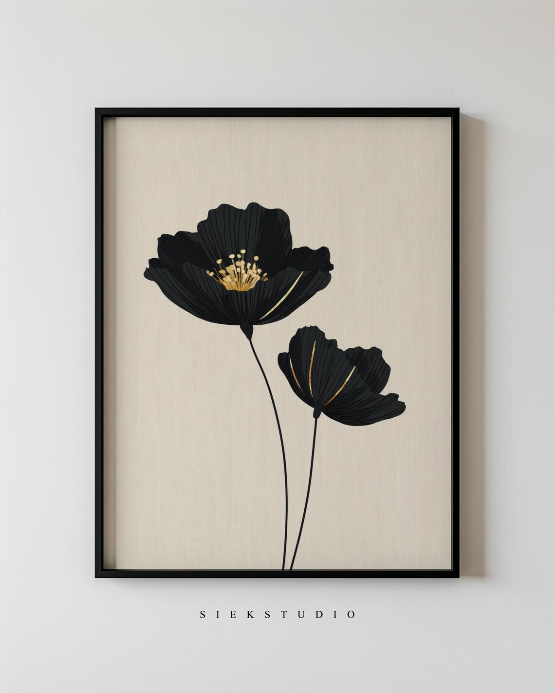 Black Poppy Flower Painting Gold Accent Minimalist Botanical Wall Art