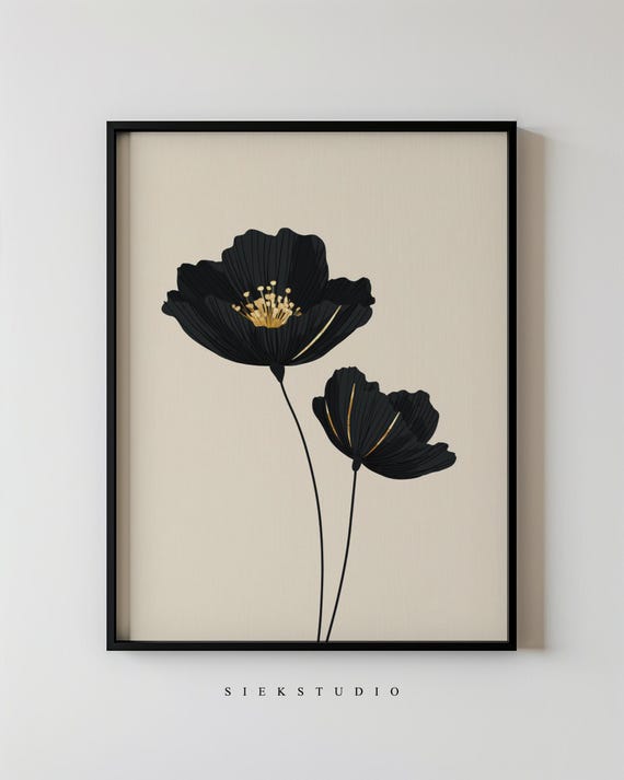 Abstract Minimalist Botanical Flower Painting Modern Black And Beige Floral Wall Art Contemporary Home Decor 290