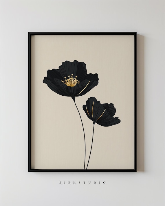 Black Poppy Flower Painting Gold Accent Minimalist Botanical Wall Art