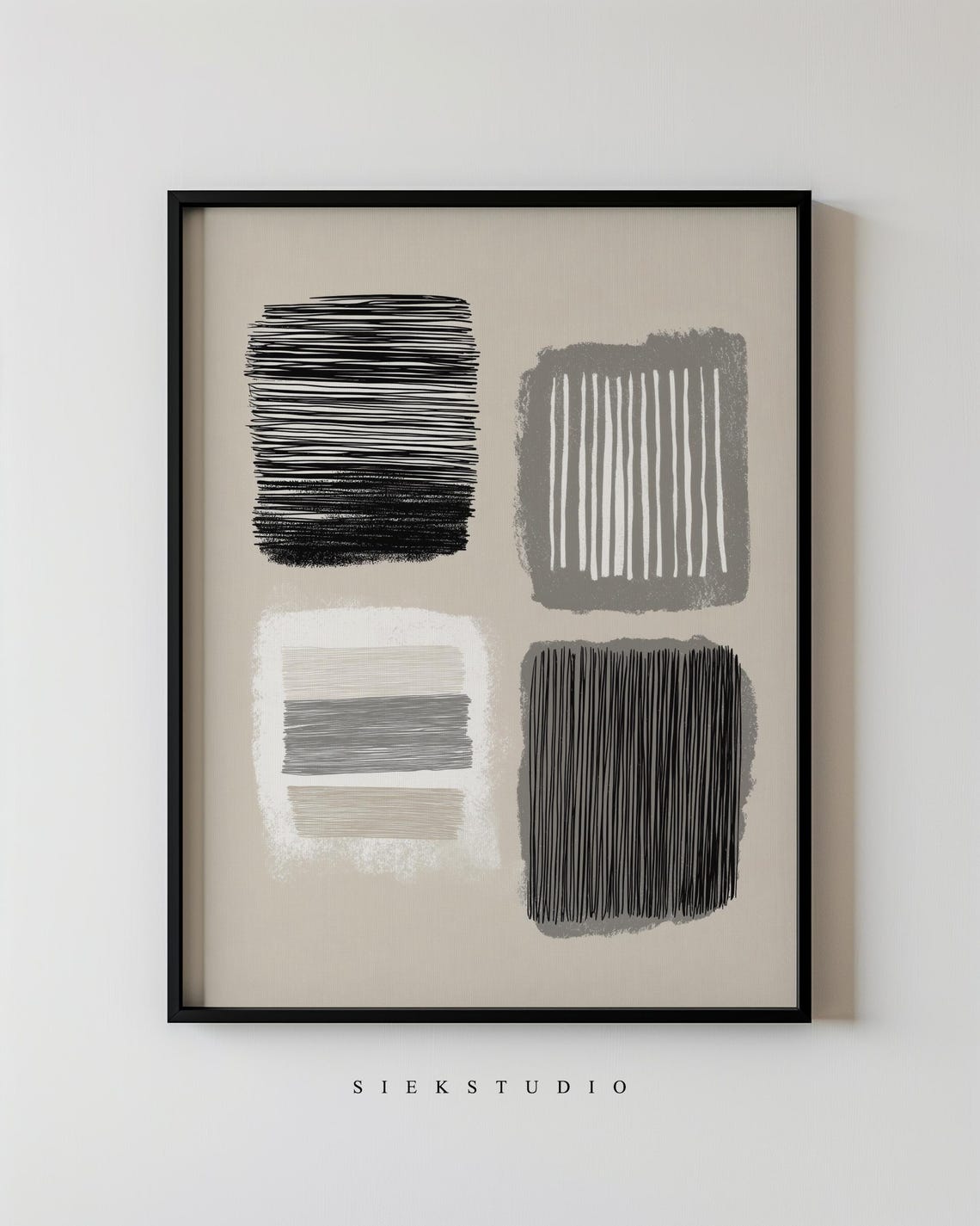 Four Abstract Line Squares Black Beige Minimalist Geometric Art Poster