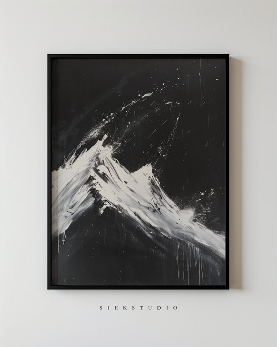 Abstract Mountain Painting Black And White Brush Stroke Art Modern Wall Minimalist Contemporary Decor