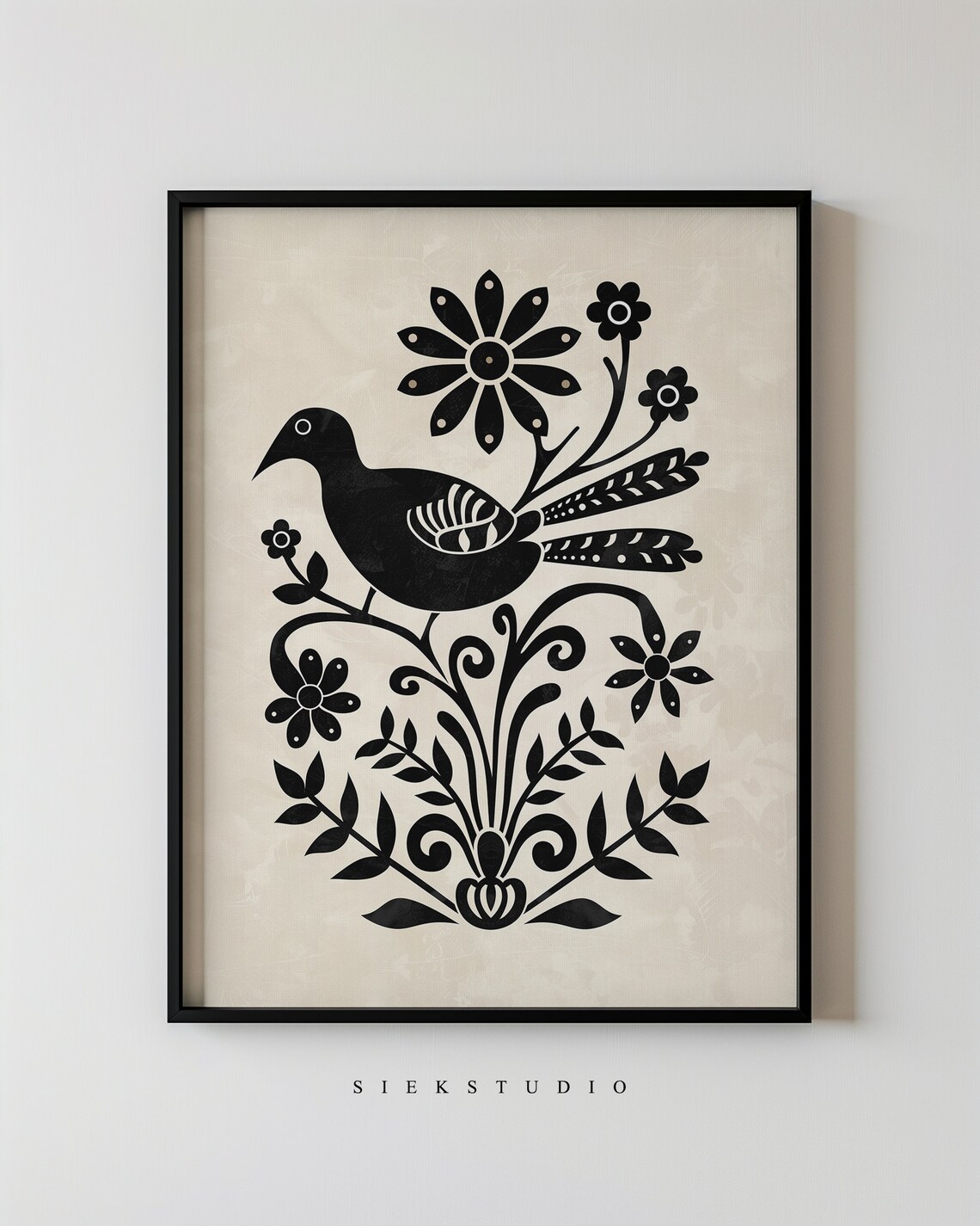 Folk Art Black Bird Perched Among Garden Flowers Botanical Poster