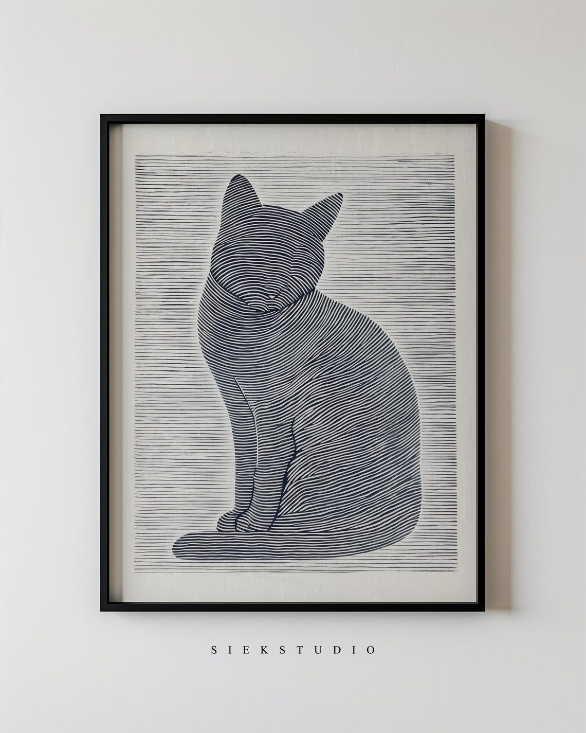 Black Cat Optical Stripe Line Art Minimalist Black and White Poster