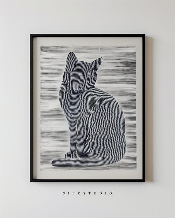Abstract Minimalist Cat Animal Line Drawing Modern Black Illustration Neutral Contemporary Wall Art For Living Room Decor 117