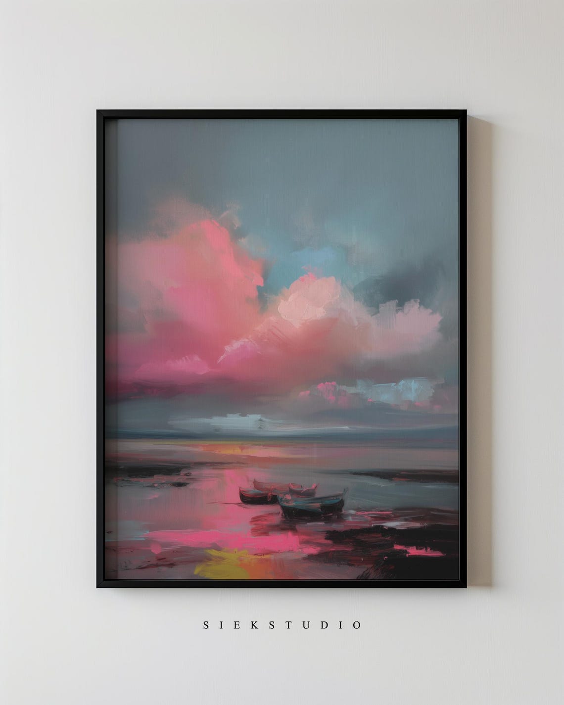 Pink Sunset Clouds Over Water With Boats Abstract Seascape Poster