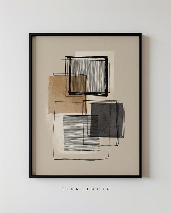 Abstract Shapes Minimalist Line Wall Art Modern Black Brown And Beige Geometric Contemporary For Living Decor 130