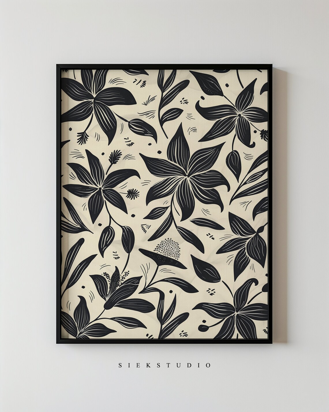 Black And Beige Botanical Art Print Minimalist Floral Wall Abstract Flower Silhouette Modern Scandinavian Decor