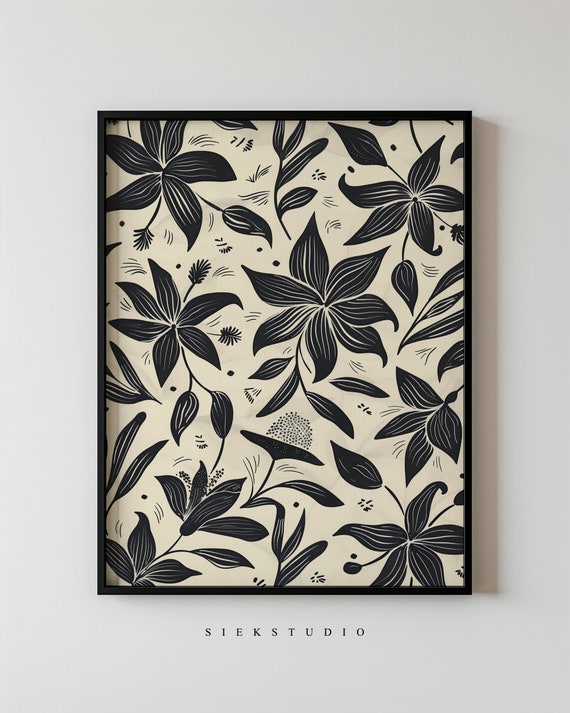 Black And Beige Botanical Art Print Minimalist Floral Wall Abstract Flower Silhouette Modern Scandinavian Decor