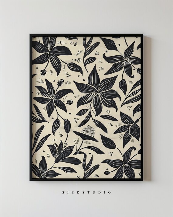 Black Floral Pattern Cream Background Modern Botanical Decor Art Poster