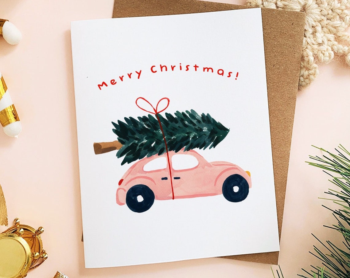 Pink Car With Christmas Tree Merry Christmas Card Retro Holiday Print