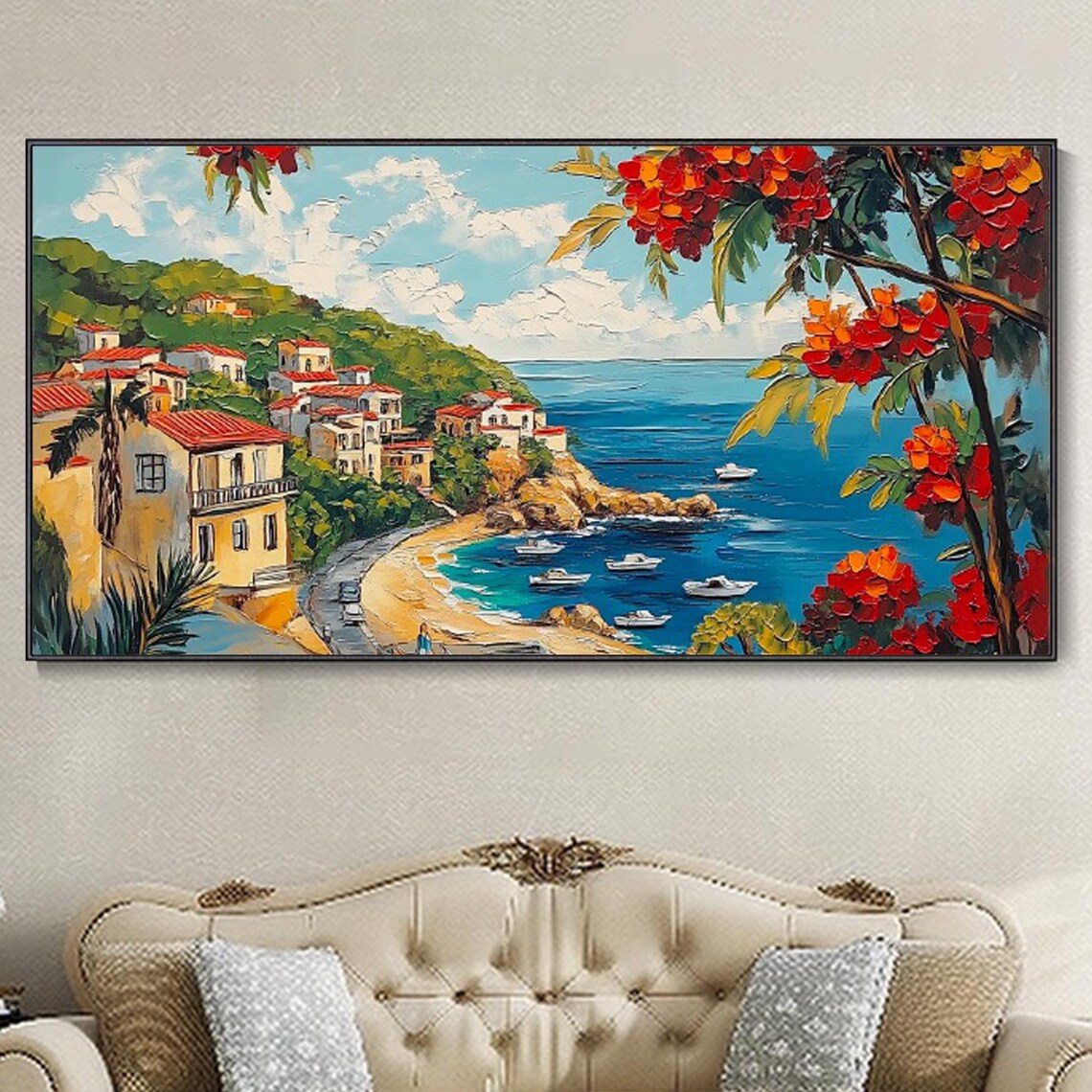 Abstract Mediterranean Landscape Decorative Painting Original Hand Painted Architectural Texture Art Living Room Wall Decor Red Tree