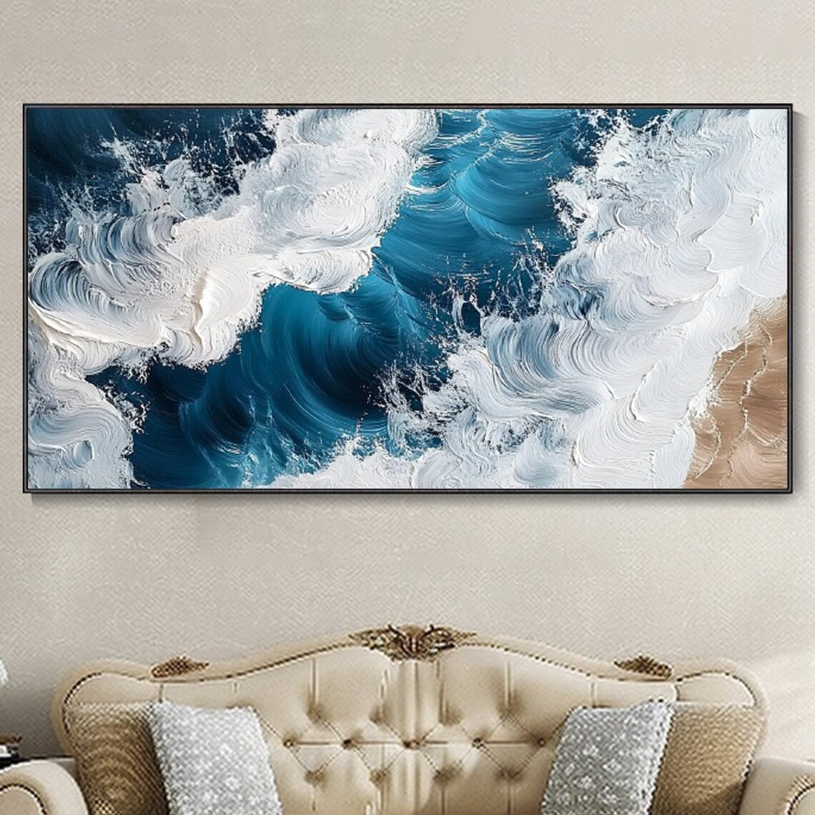 Aerial Ocean Waves Crashing Blue Sea White Foam 3D Textured Art Wall Poster