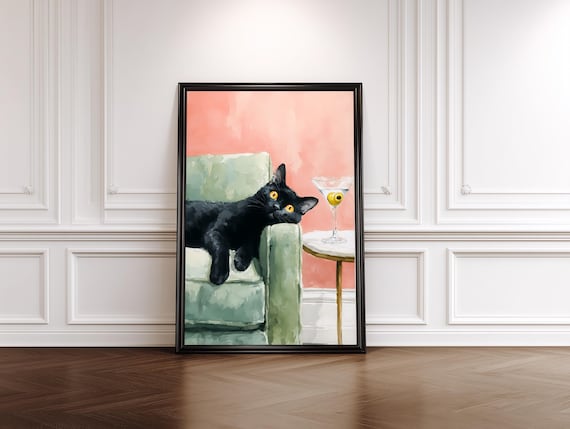 Black Cat Watercolor Lounging by Martini on Armchair Art Poster