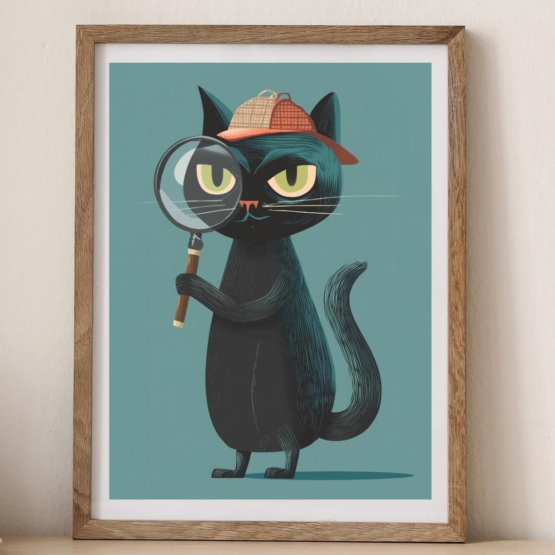 Black Cat Detective Holding Magnifying Glass Teal Funny Poster