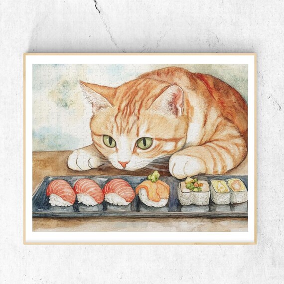 Orange Tabby Eyeing Sushi Platter Funny Poster With Japanese Food Art