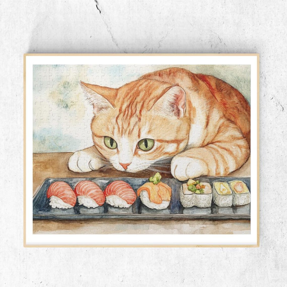 Orange Tabby Eyeing Sushi Platter Funny Poster With Japanese Food Art