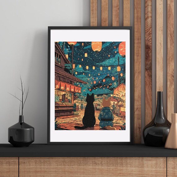 Black Cat and Dog at Japanese Lantern Festival Night Art Poster