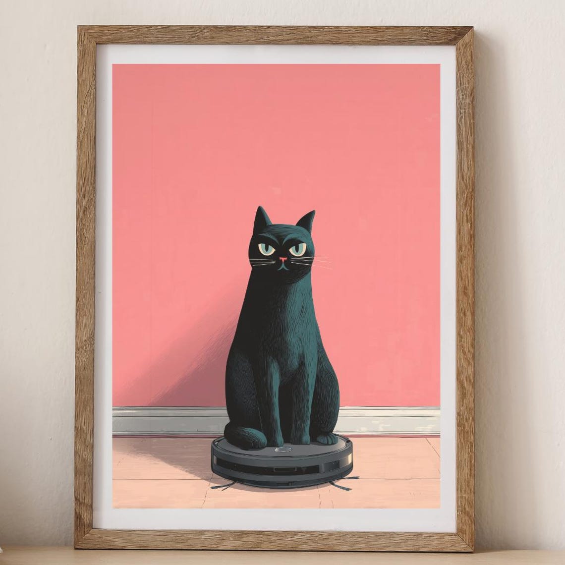 Black Cat Riding A Robot Vacuum On Pink Background Quirky Art Poster