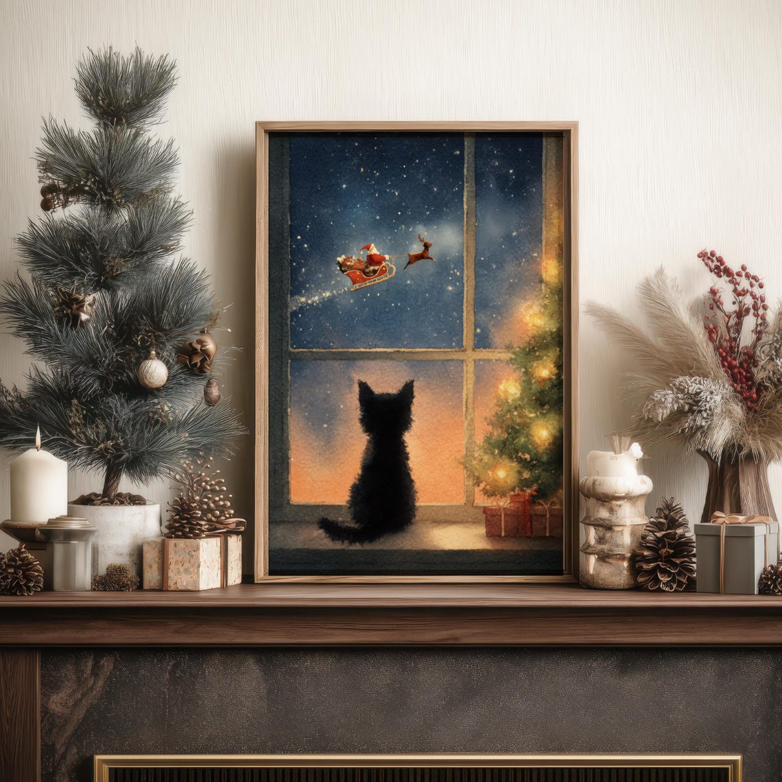 Christmas Kitten Watching Santa Sleigh Night Window Art Poster
