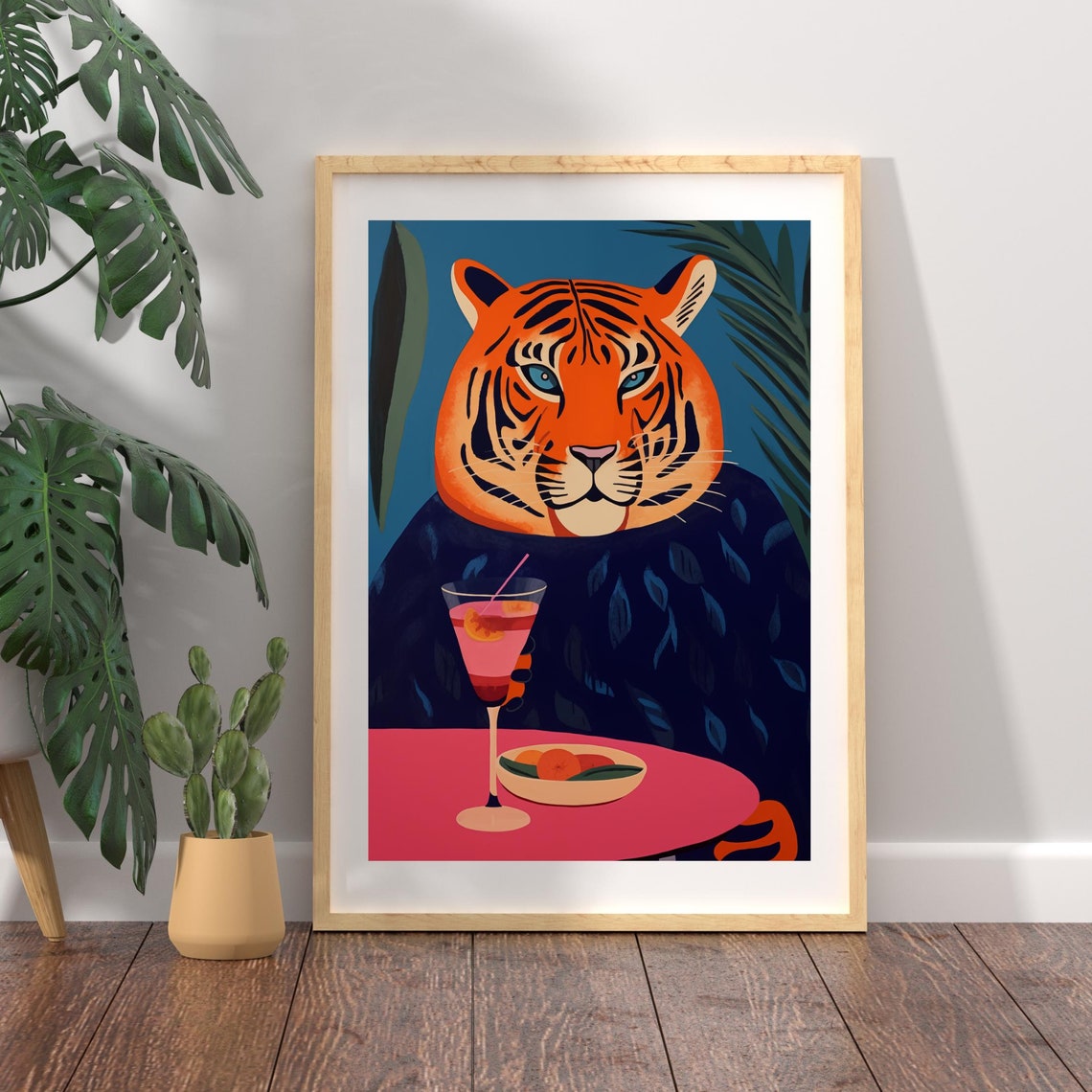 Illustrated Tiger Holding a Pink Cocktail at a Cafe Table Poster - Image 3