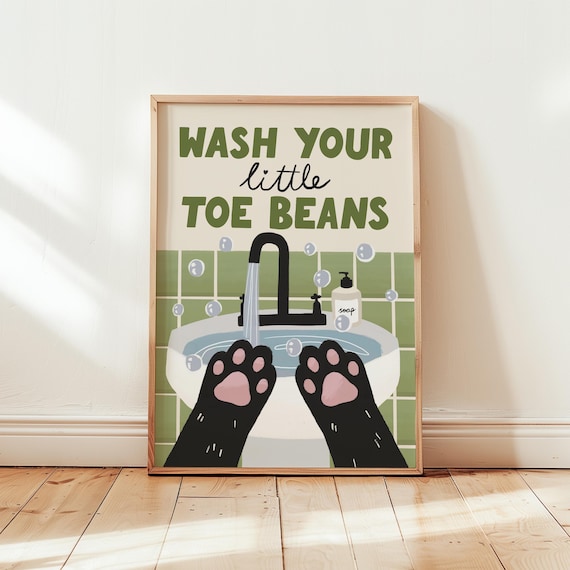 Wash Your Little Toe Beans Cat Bathroom Art Print