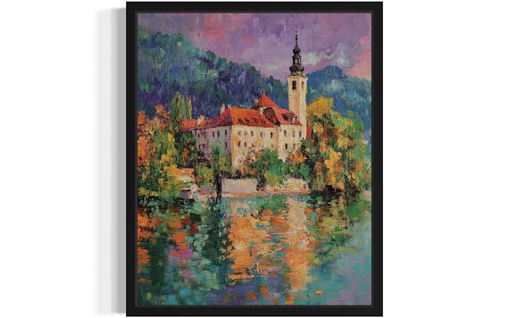Slovenia Lakeside Church Town at Dusk Monet Style Landscape Poster