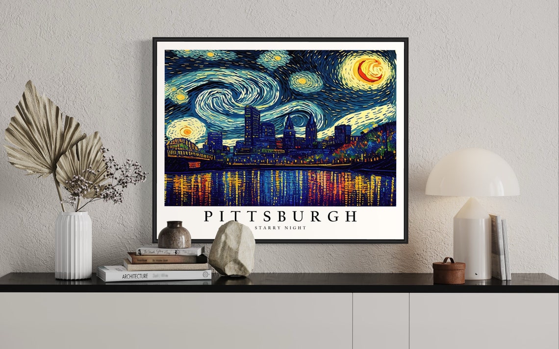 Pittsburgh Riverfront Skyline Van Gogh Starry Night City Poster - Image 2