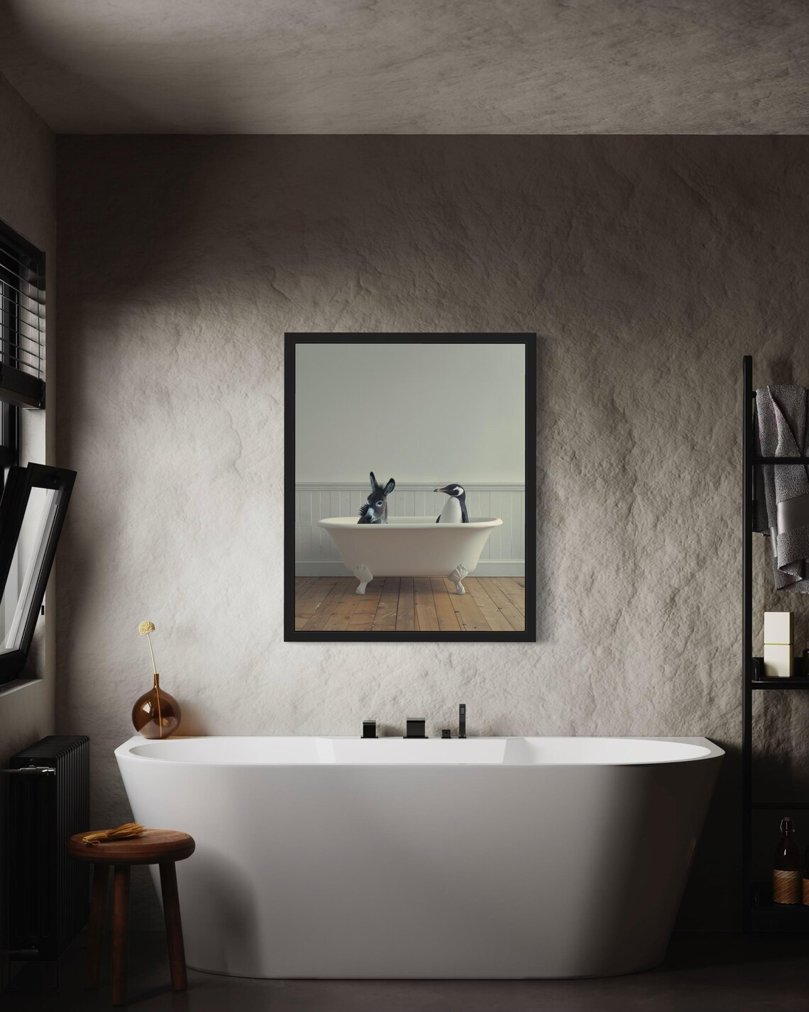 Donkey And Penguin Sitting Side By Side In Vintage Clawfoot Tub Poster - Image 3