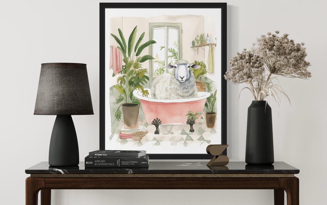 Fluffy White Sheep Soaking in a Pink Bathtub Bathroom Decor Poster - Image 2