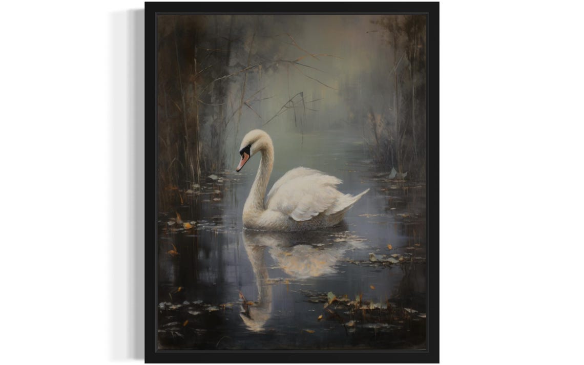 White Swan On Misty Dark Pond Vintage Style Reflection Poster