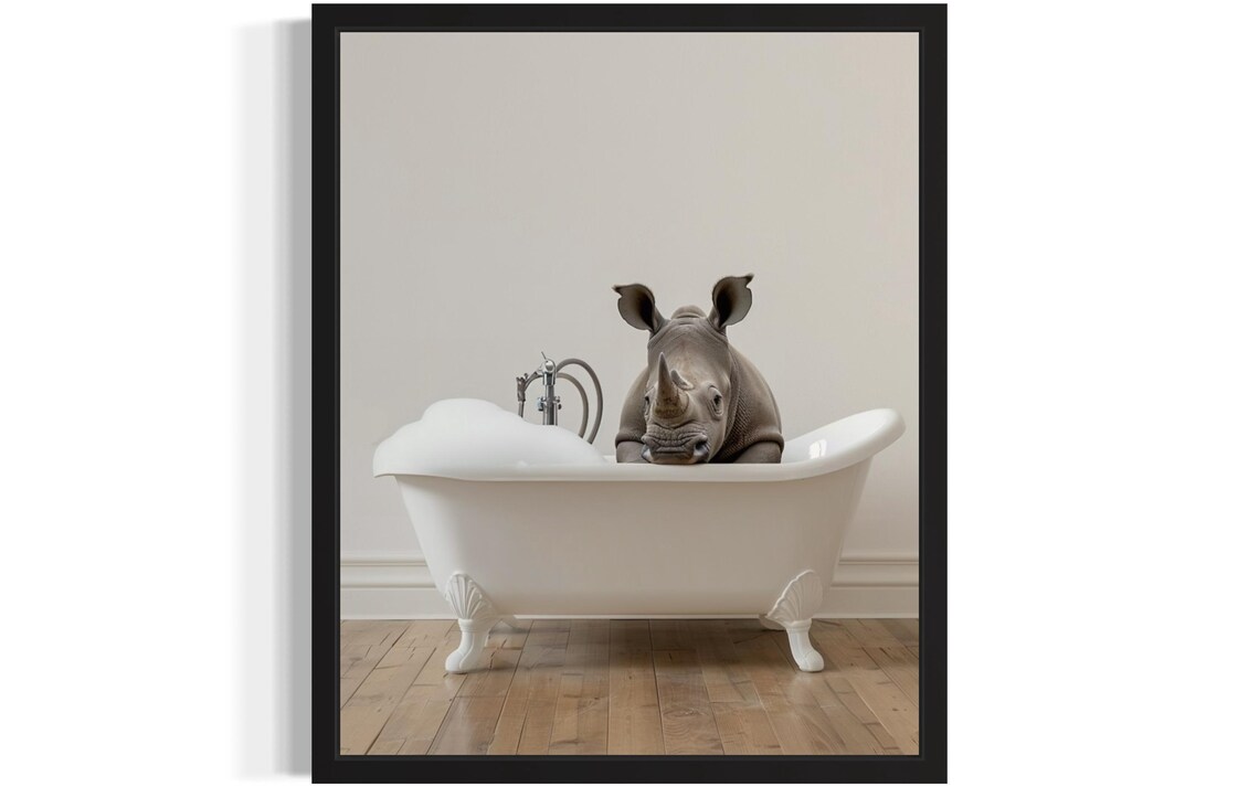 Baby Rhino in Bathtub Black and White Funny Animal Art Poster