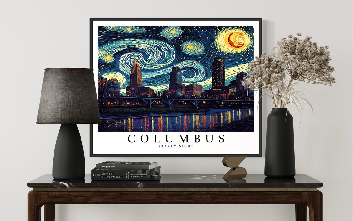Columbus City Skyline Under Van Gogh Starry Night Sky Art Poster - Image 3