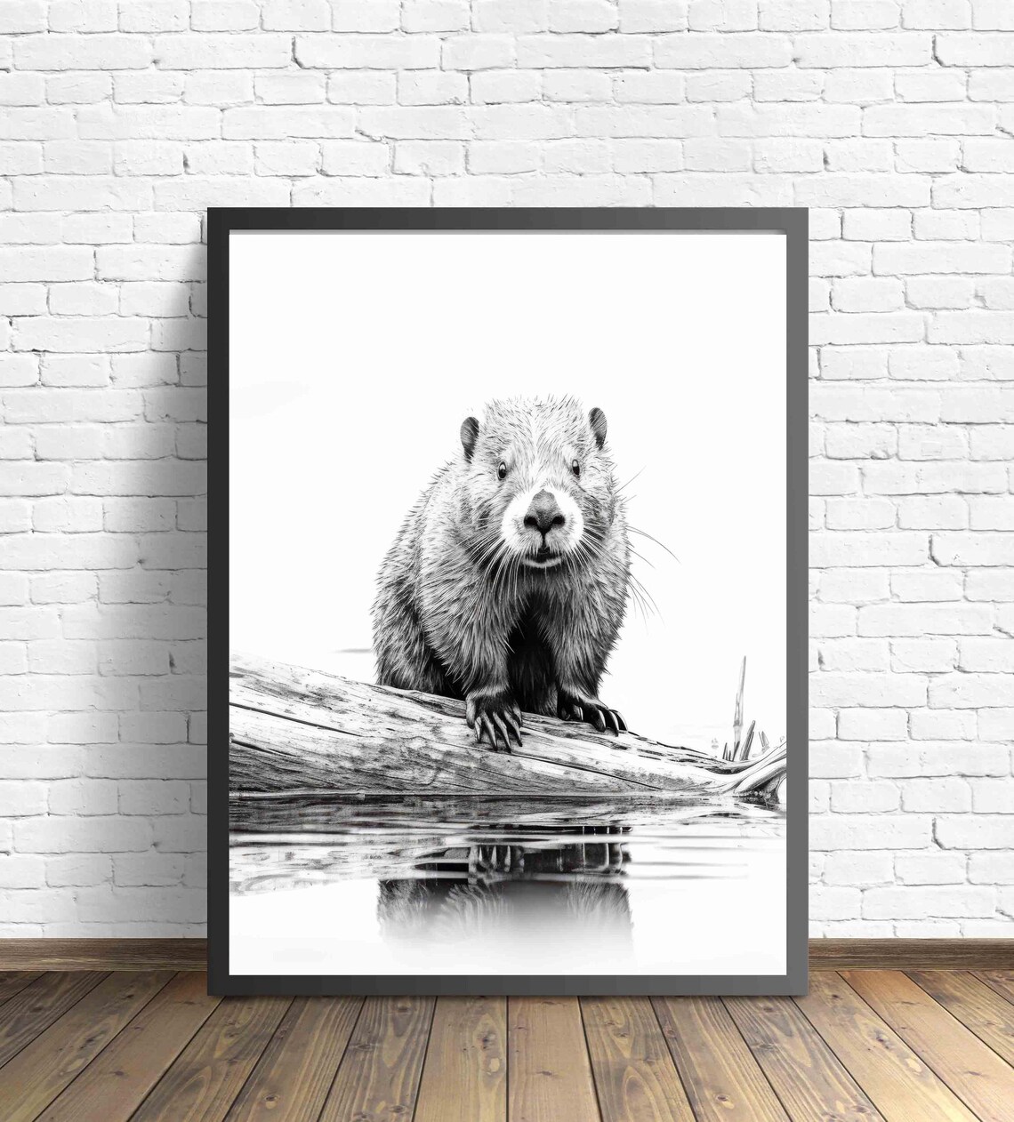 Beaver Resting on a Log Over Calm Water in Black and White Art Poster - Image 4