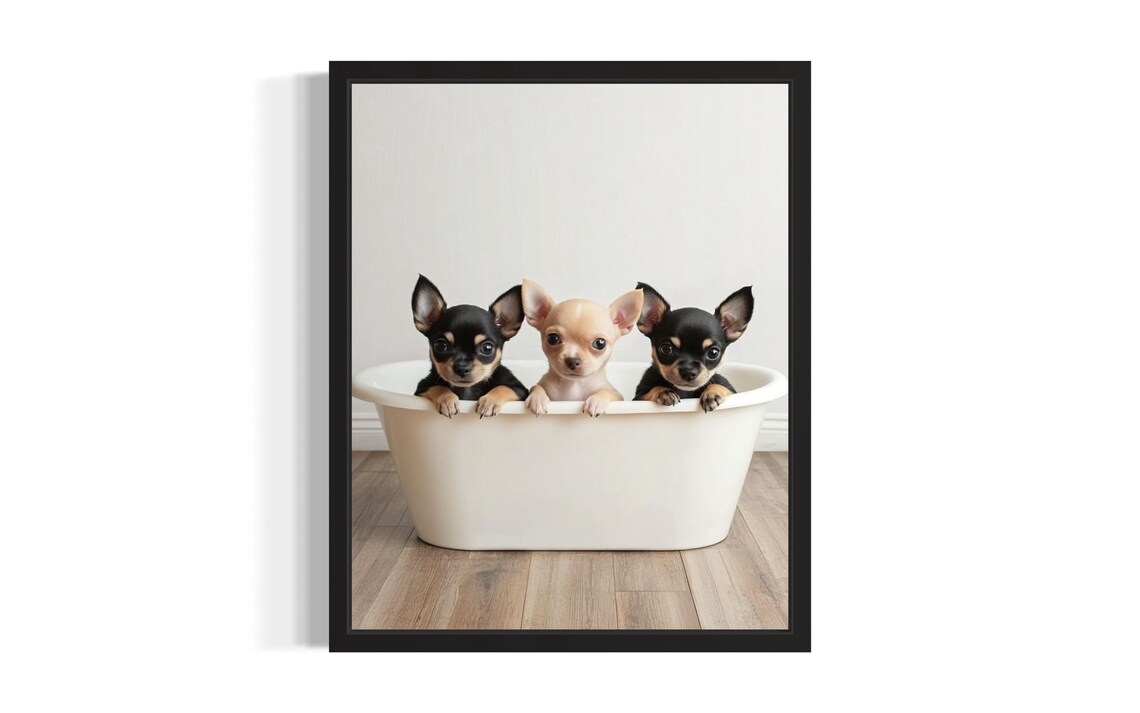 Three Chihuahua Puppies in White Bathtub Adorable Trio Dog Photo Poster
