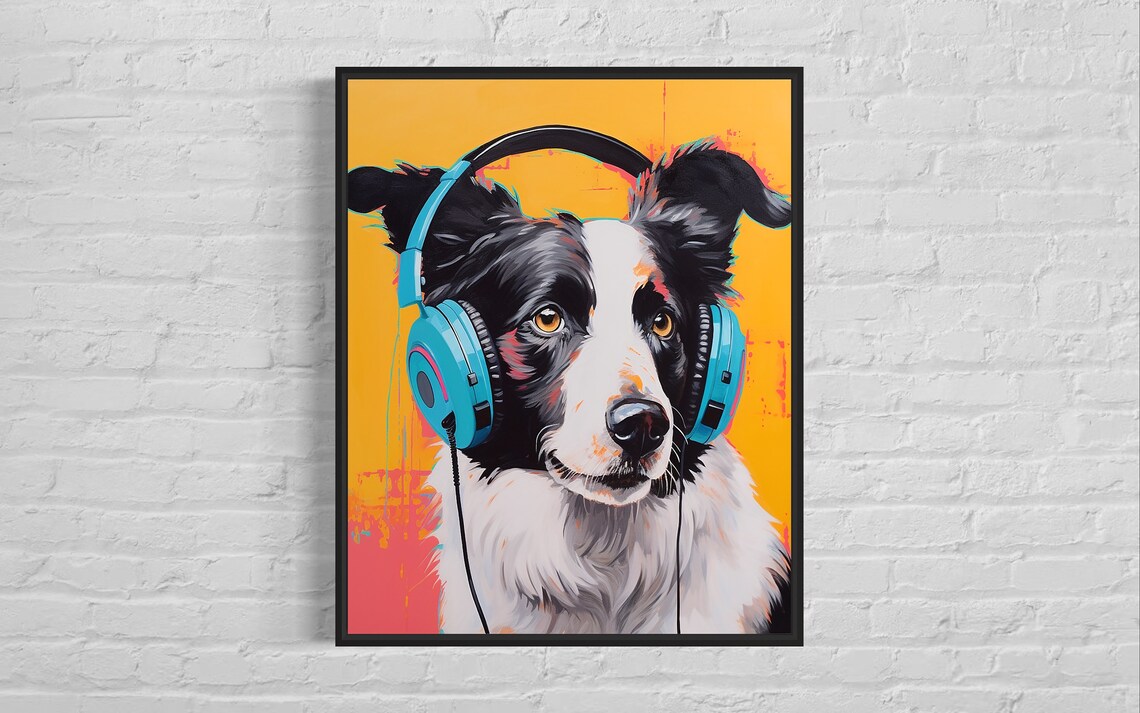Border Collie Dog Wearing Blue Headphones Pop Art Music Poster