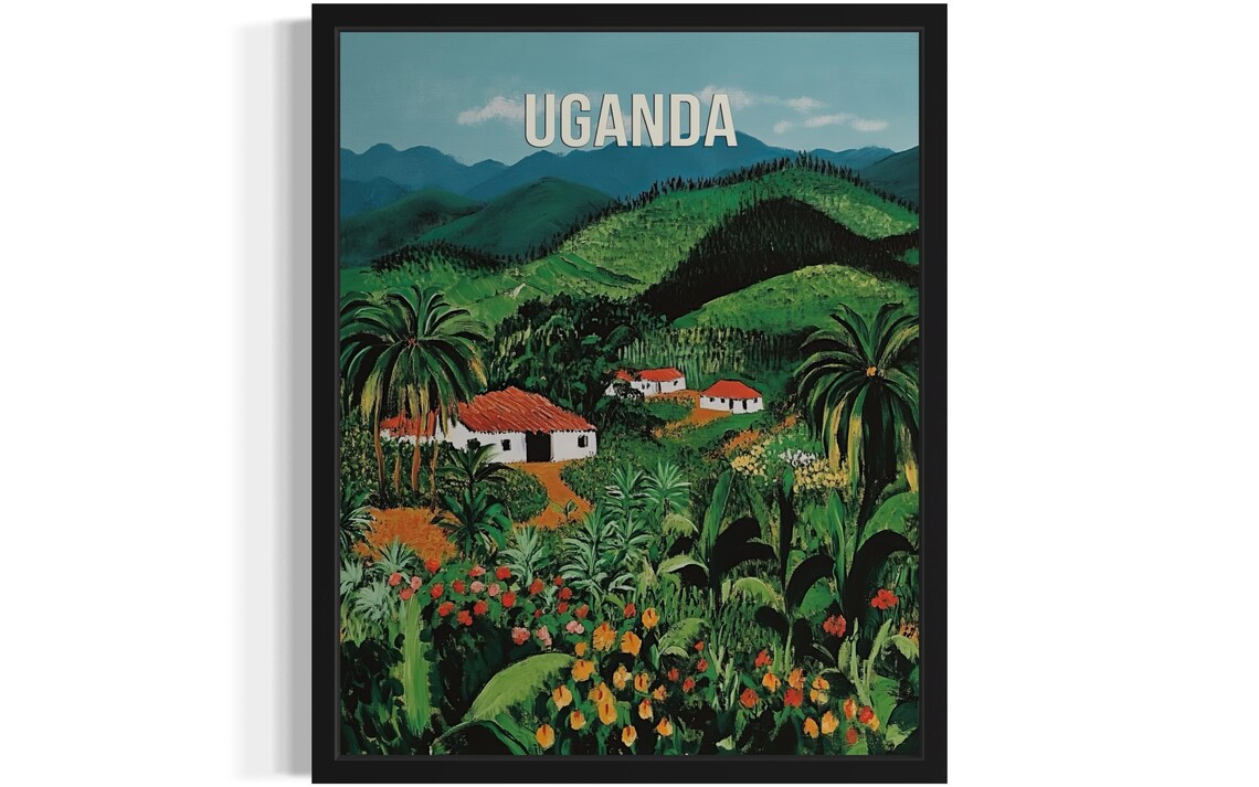 Uganda Green Hills Palm Trees Vintage Travel Poster Artwork Scene