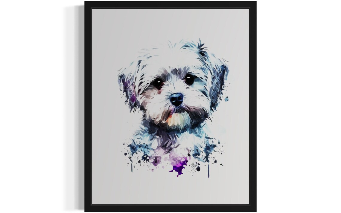 Sweet Maltese Puppy White Blue Watercolor Portrait Art Poster
