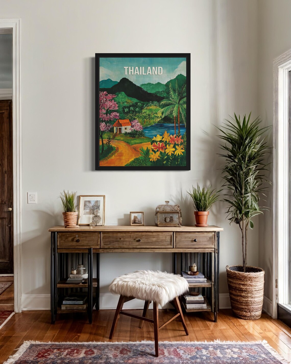 Thailand Mountain Lake Village Vintage Travel Poster Artwork - Image 3