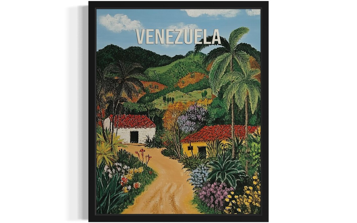 Venezuela Tropical Village Palm Trees Vintage Travel Poster Scene