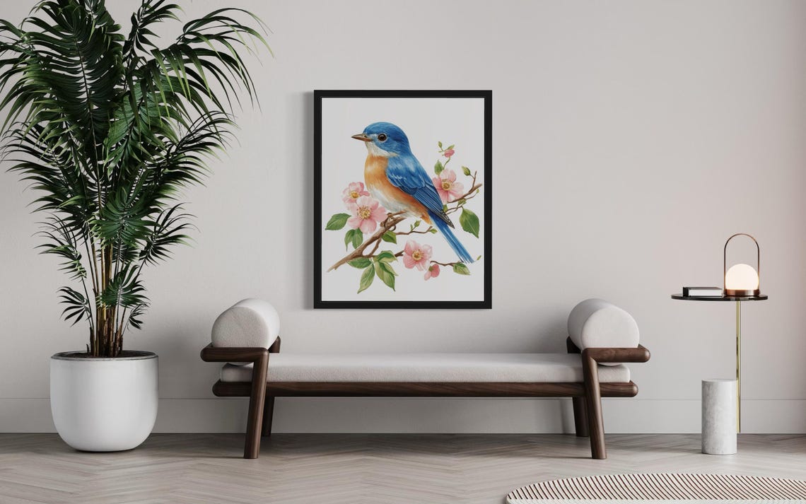 Eastern Bluebird on Blossom Branch Botanical Watercolor Poster - Image 3