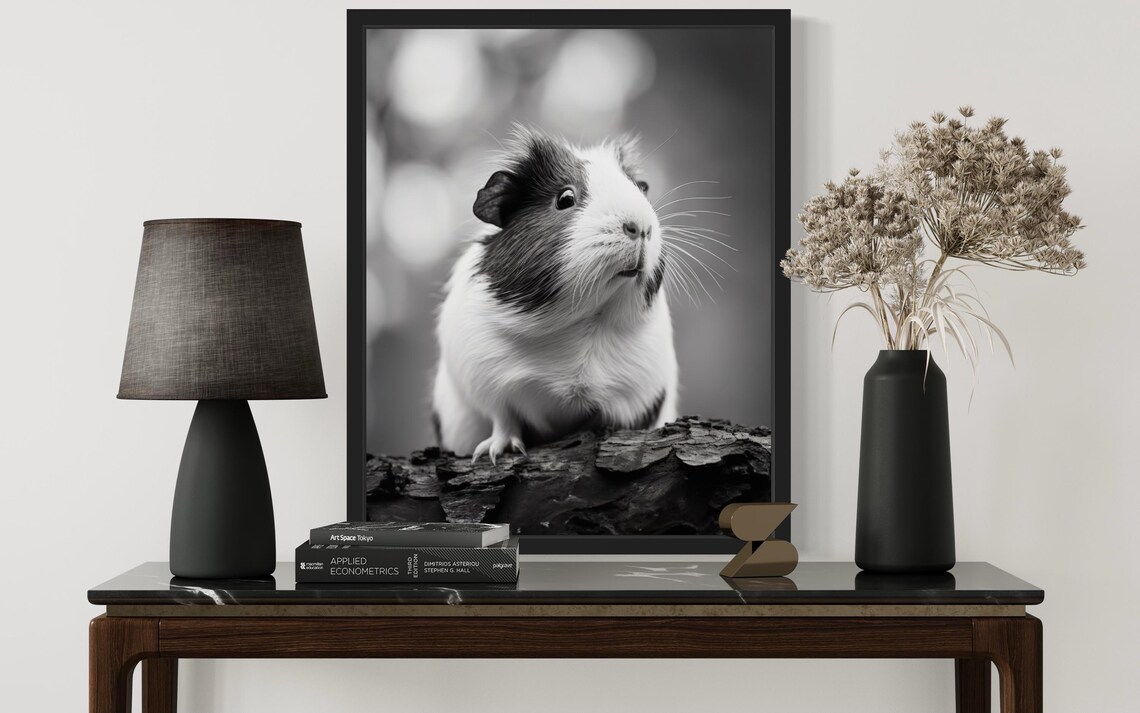 Cute Guinea Pig Sitting on a Log Black and White Photo Poster - Image 2