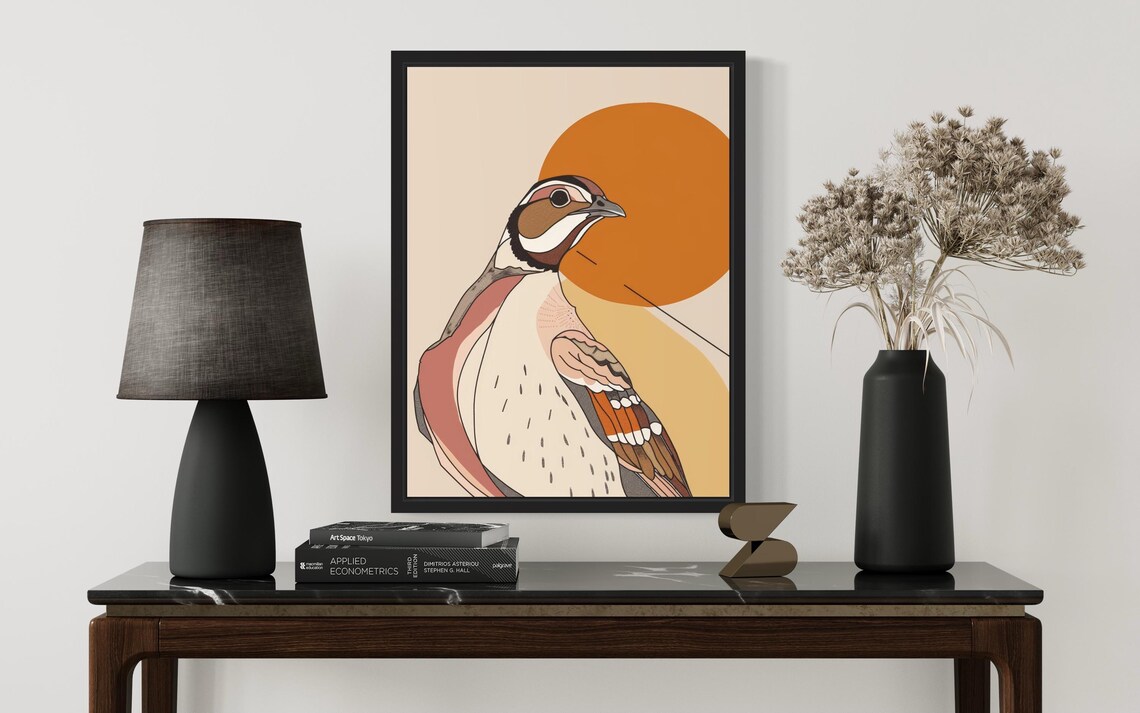 Stylized Quail Bird Sunset Orange Circle Minimalist Nature Poster - Image 3